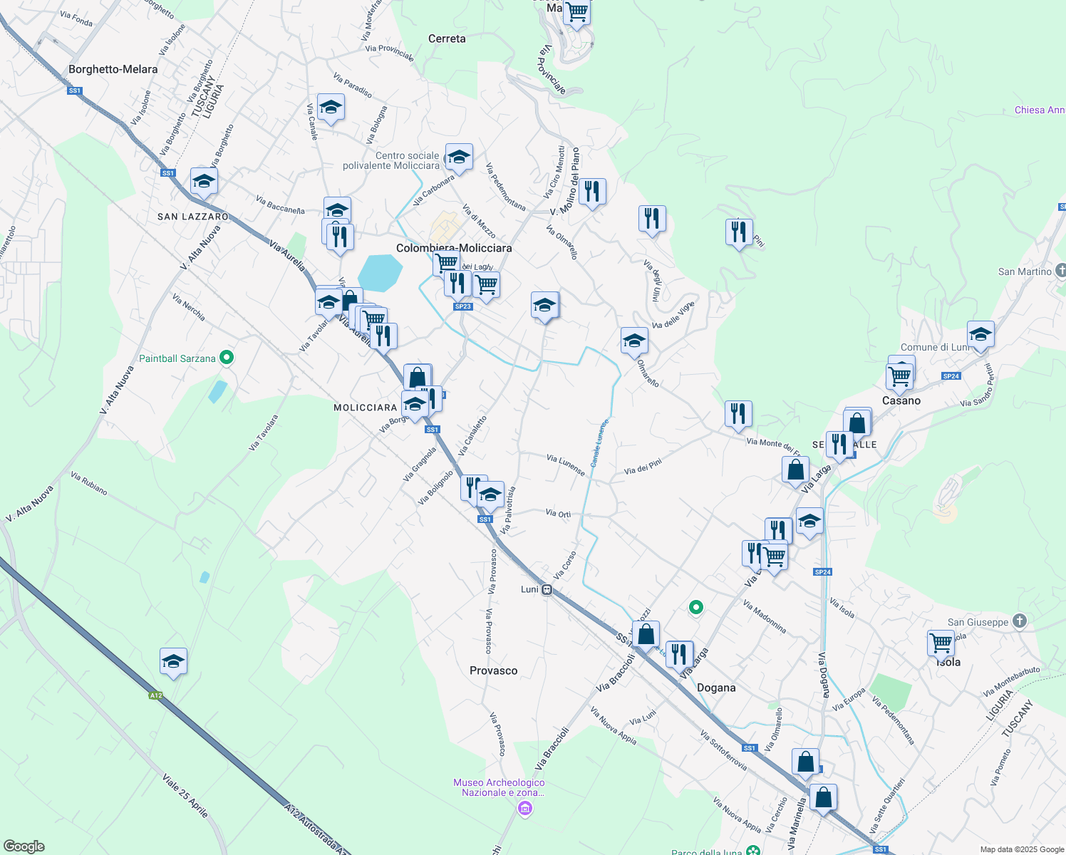 map of restaurants, bars, coffee shops, grocery stores, and more near 40 Via Palvotrisia in Colombiera-molicciara
