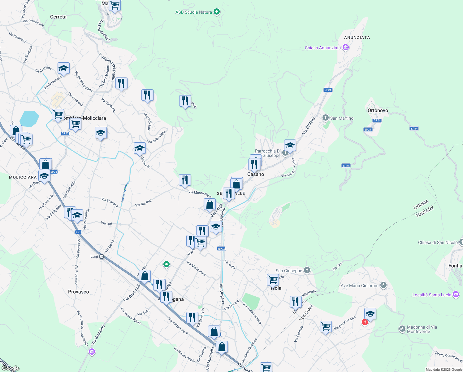 map of restaurants, bars, coffee shops, grocery stores, and more near 4 Vicolo Serravalle in Casano