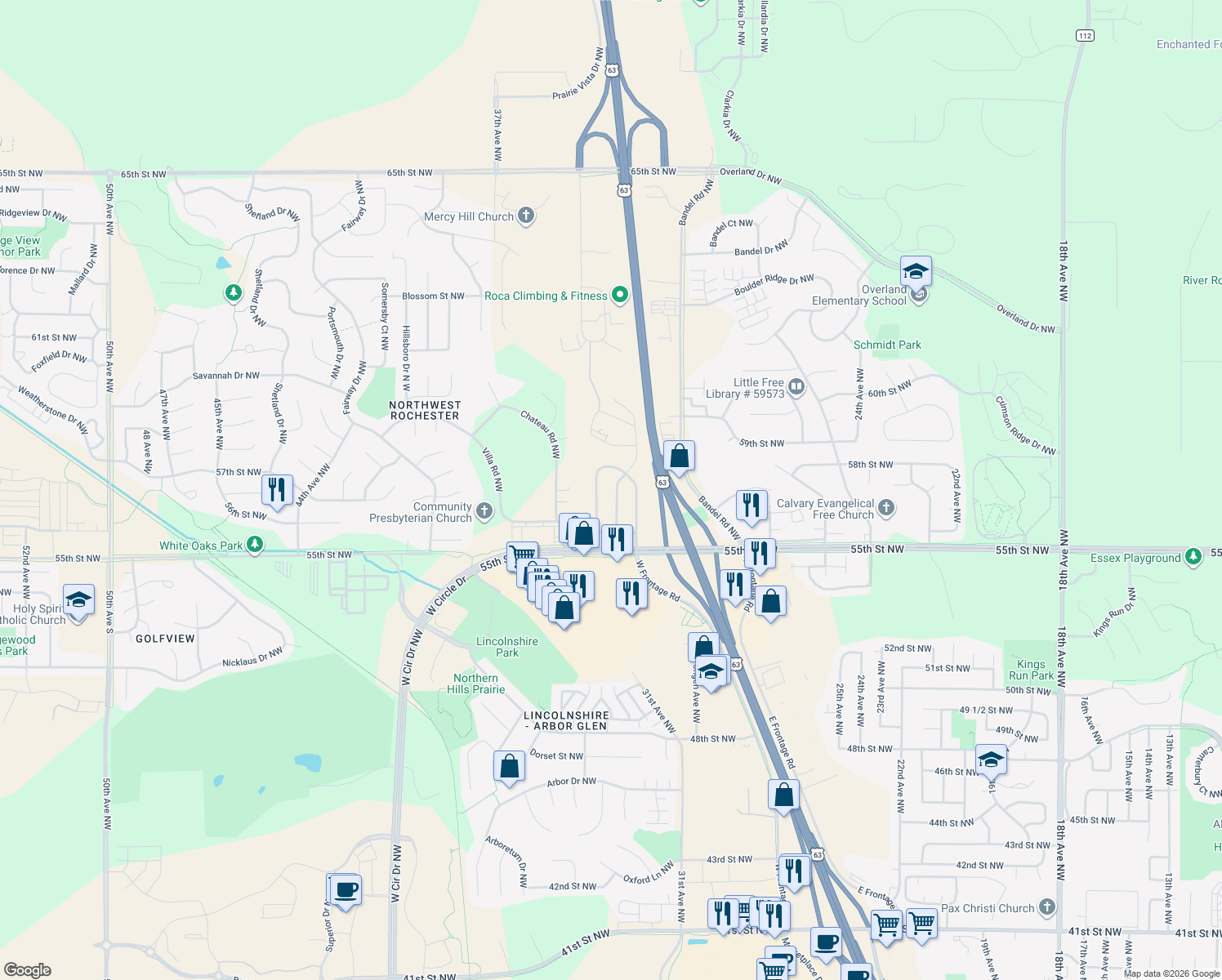 map of restaurants, bars, coffee shops, grocery stores, and more near 5711 Silas Dent Road Northwest in Rochester