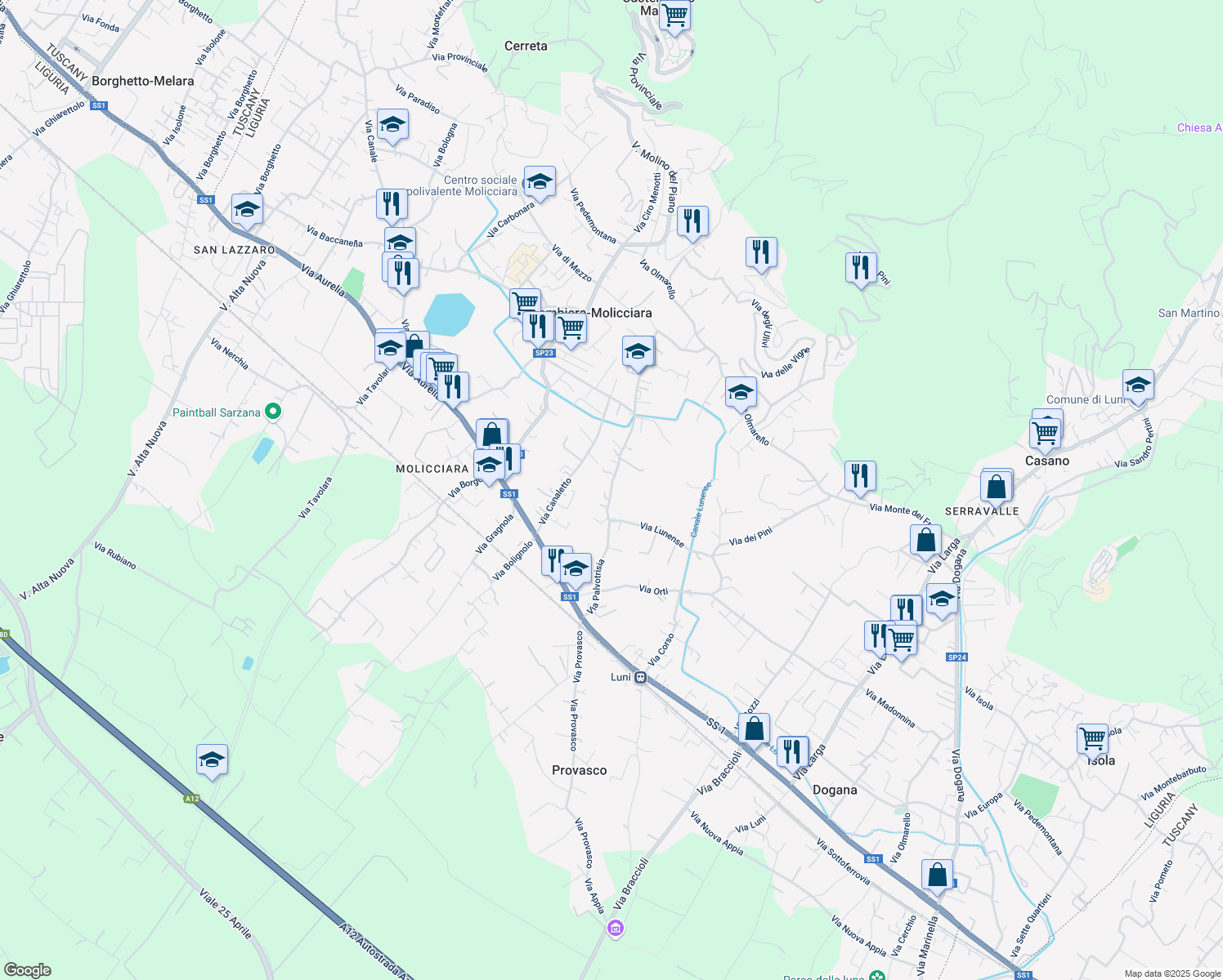 map of restaurants, bars, coffee shops, grocery stores, and more near 61 Via Palvotrisia in Colombiera-molicciara