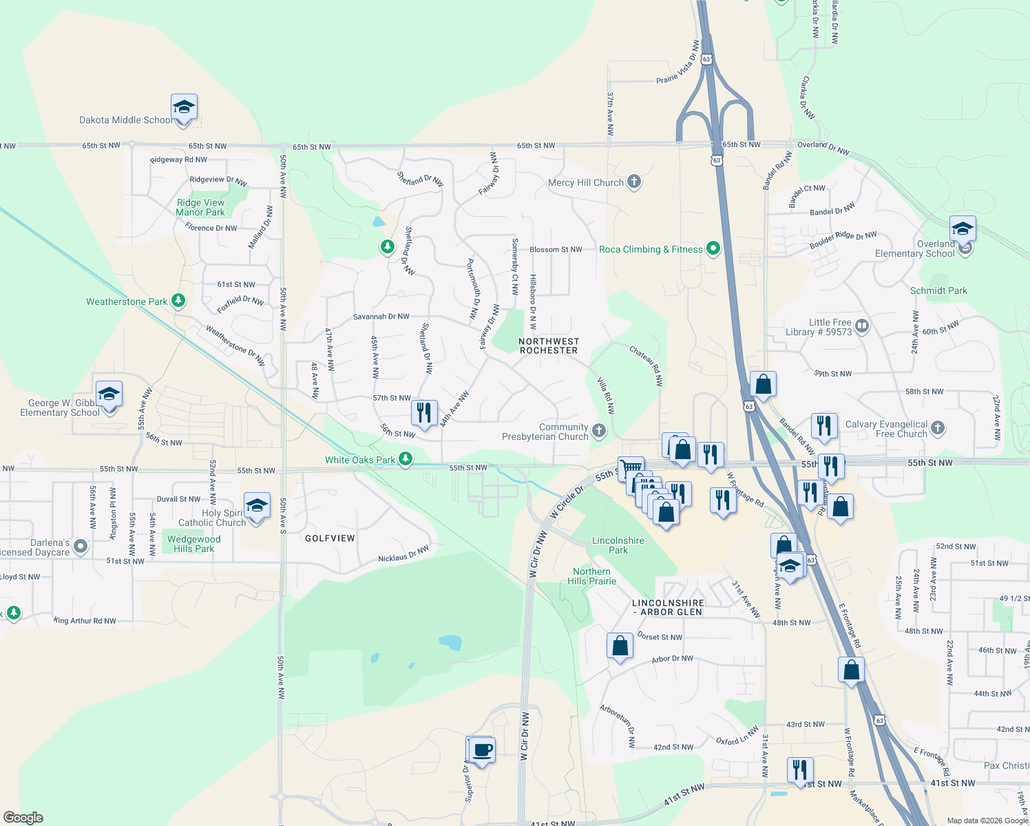 map of restaurants, bars, coffee shops, grocery stores, and more near 4127 57th Street Lane Northwest in Rochester