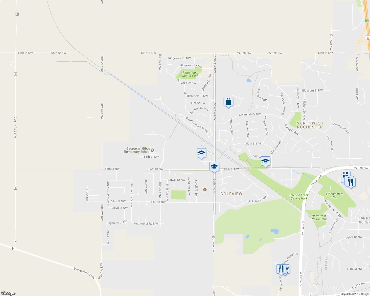 map of restaurants, bars, coffee shops, grocery stores, and more near 5252 Harvest Lake Drive Northwest in Rochester