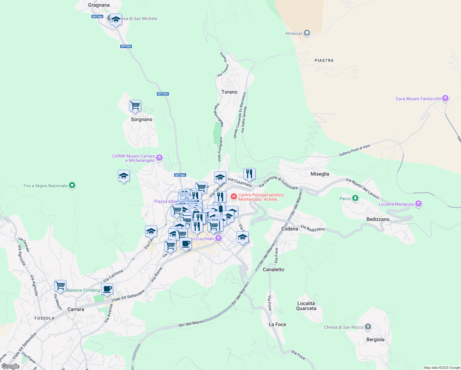 map of restaurants, bars, coffee shops, grocery stores, and more near 8BIS Via Capitano Bruno Conti in Carrara