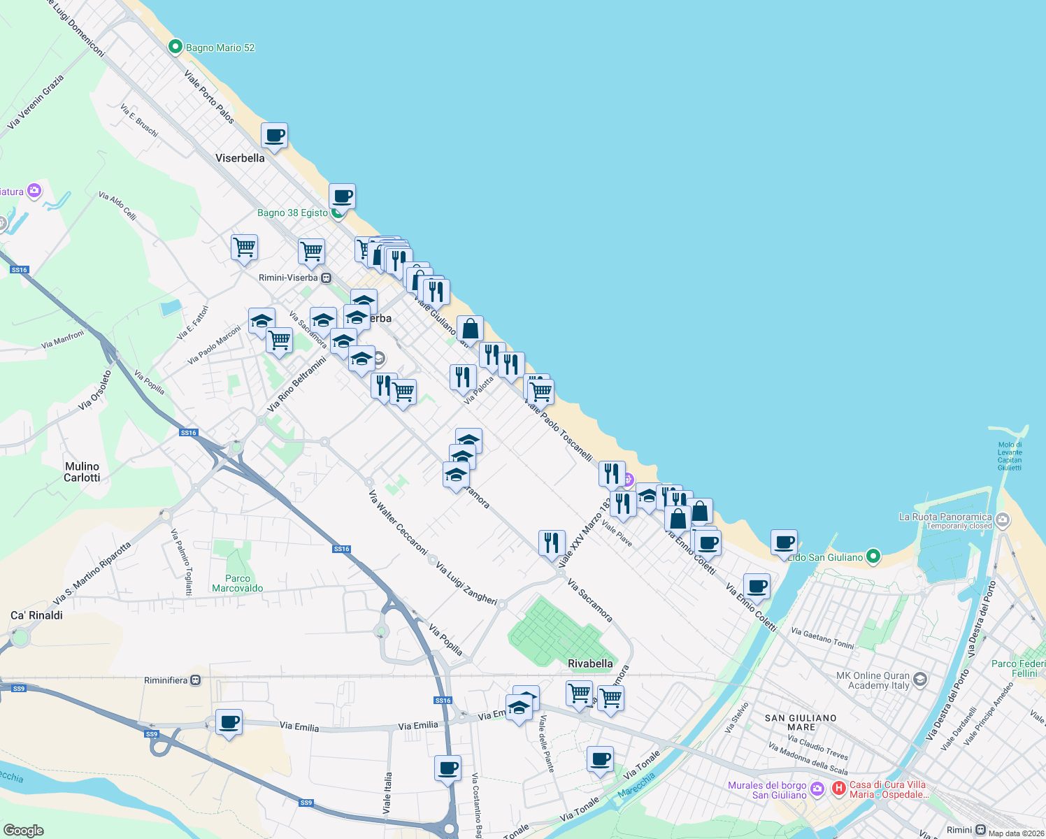 map of restaurants, bars, coffee shops, grocery stores, and more near 21 Piazza Giuseppe Mazzini in Rimini