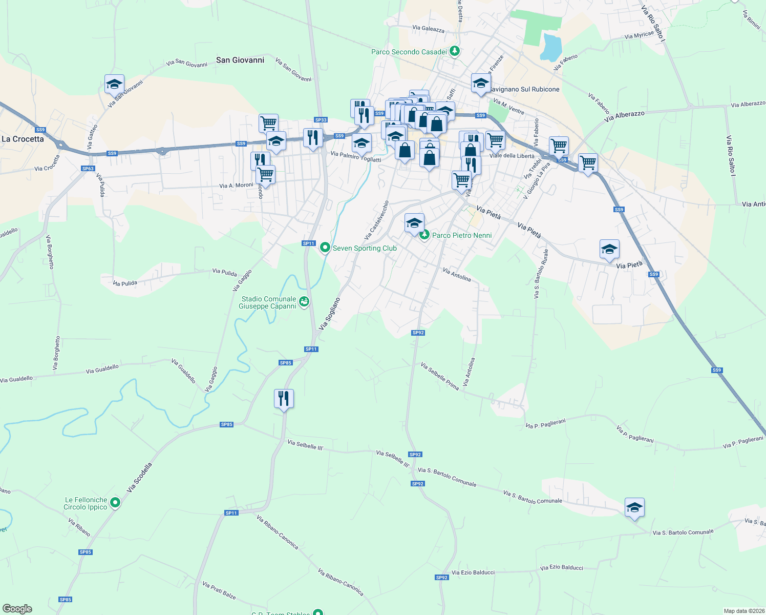 map of restaurants, bars, coffee shops, grocery stores, and more near 37A Via Giovanni Vendemini in Savignano sul Rubicone