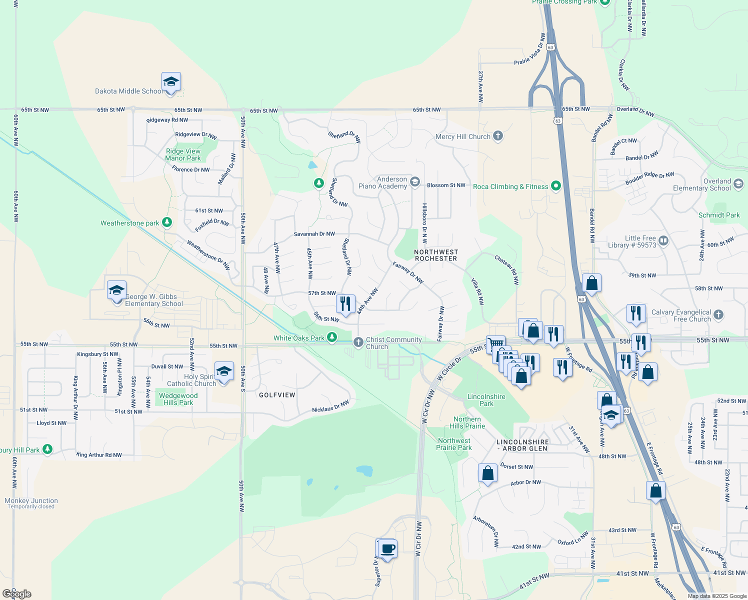map of restaurants, bars, coffee shops, grocery stores, and more near 5718 44th Ave NW in Rochester