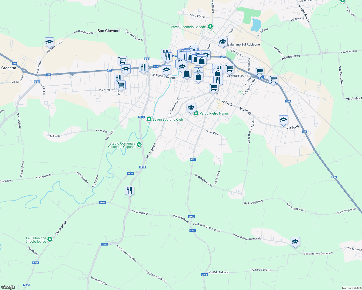 map of restaurants, bars, coffee shops, grocery stores, and more near 37A Via Giovanni Vendemini in Savignano sul Rubicone