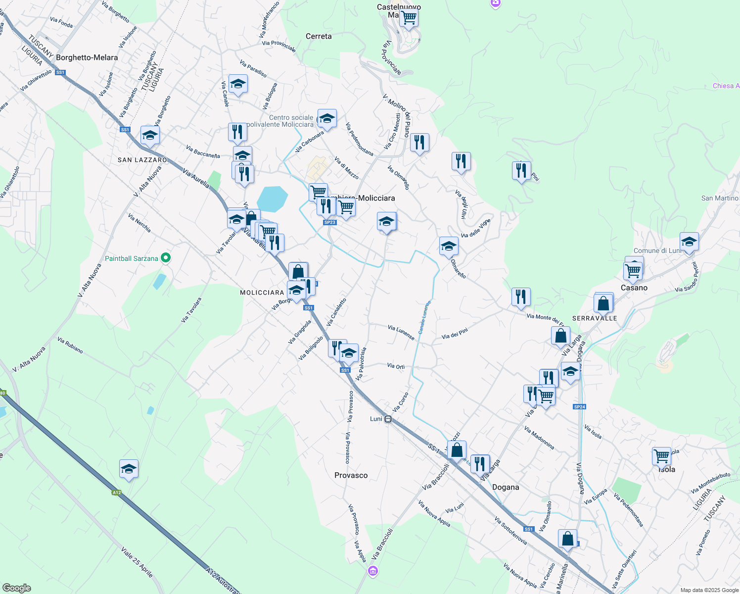 map of restaurants, bars, coffee shops, grocery stores, and more near 61 Via Palvotrisia in Colombiera-Molicciara
