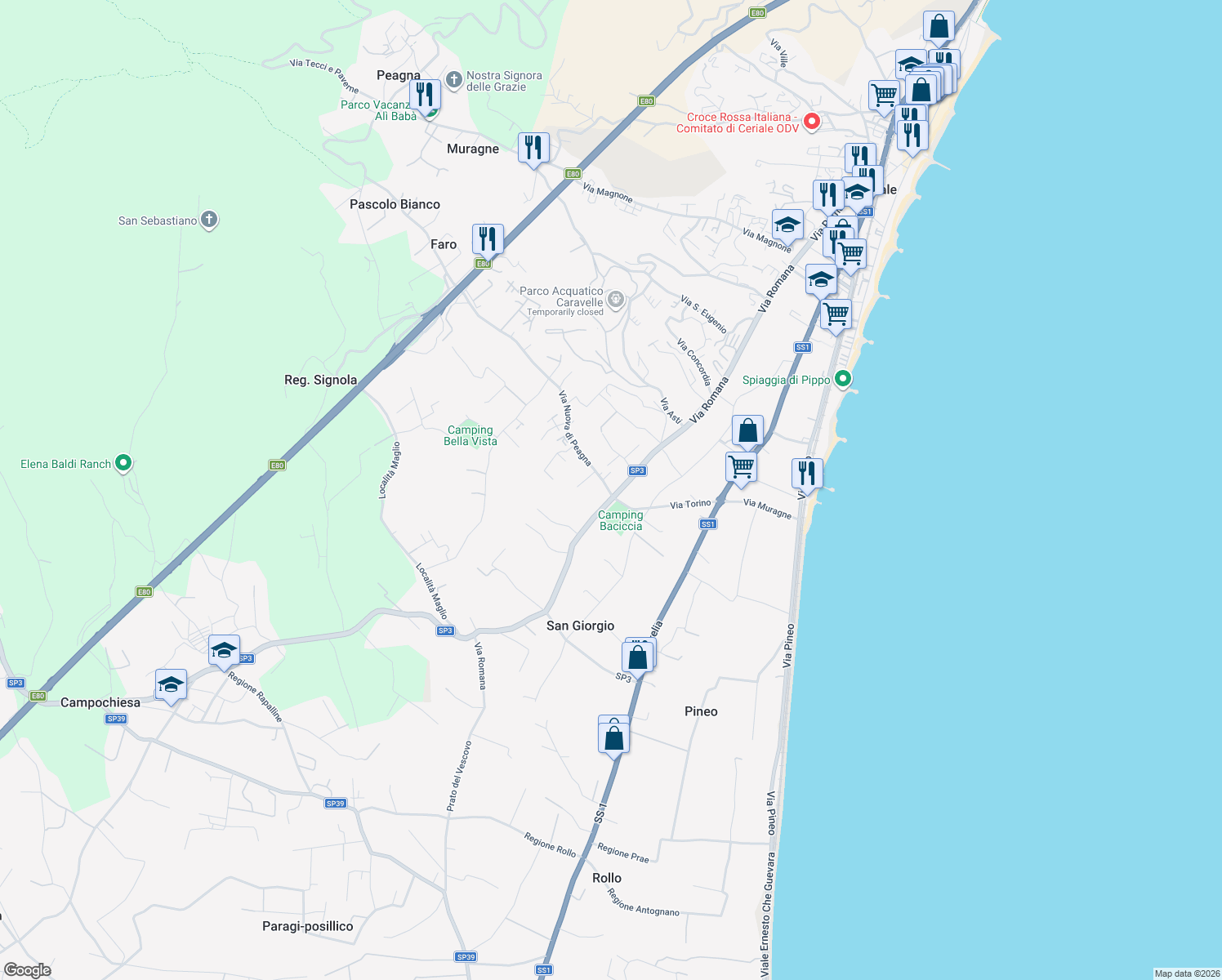 map of restaurants, bars, coffee shops, grocery stores, and more near Strada Provinciale 3 in Ceriale