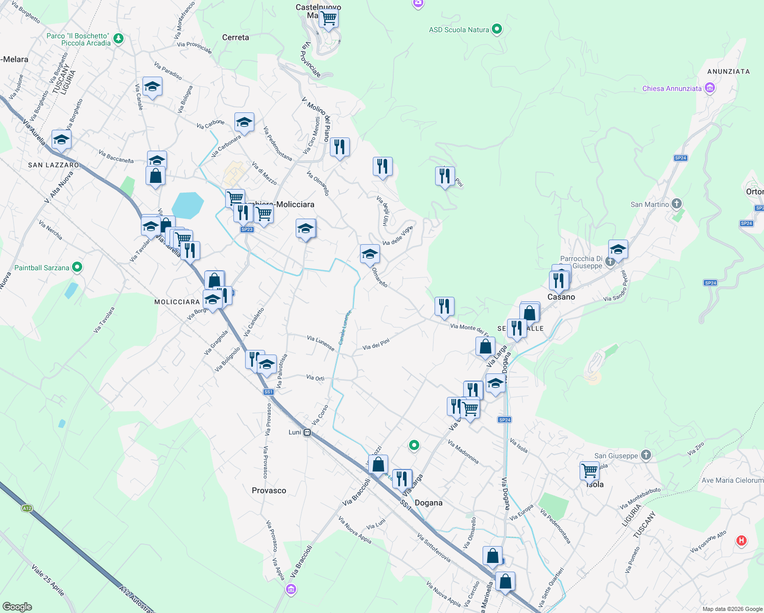 map of restaurants, bars, coffee shops, grocery stores, and more near 6 Via Papa Giovanni XXIII in Colombiera-Molicciara