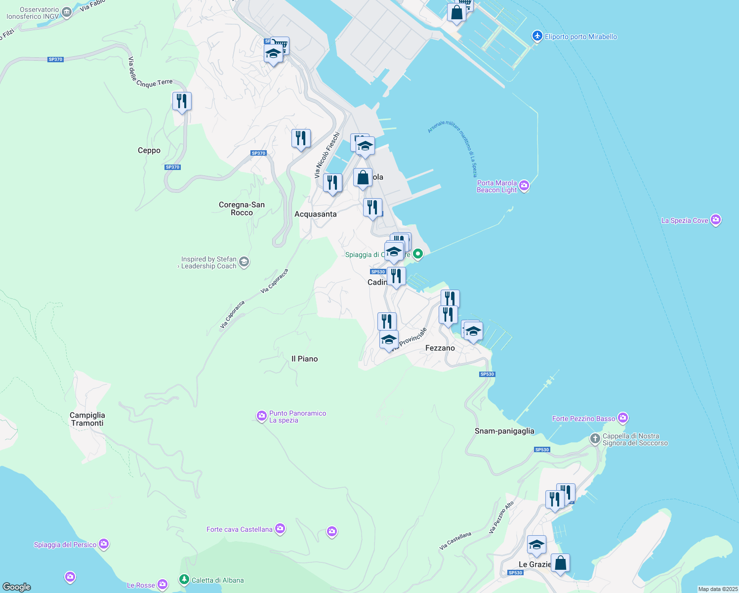 map of restaurants, bars, coffee shops, grocery stores, and more near in Provincia della Spezia