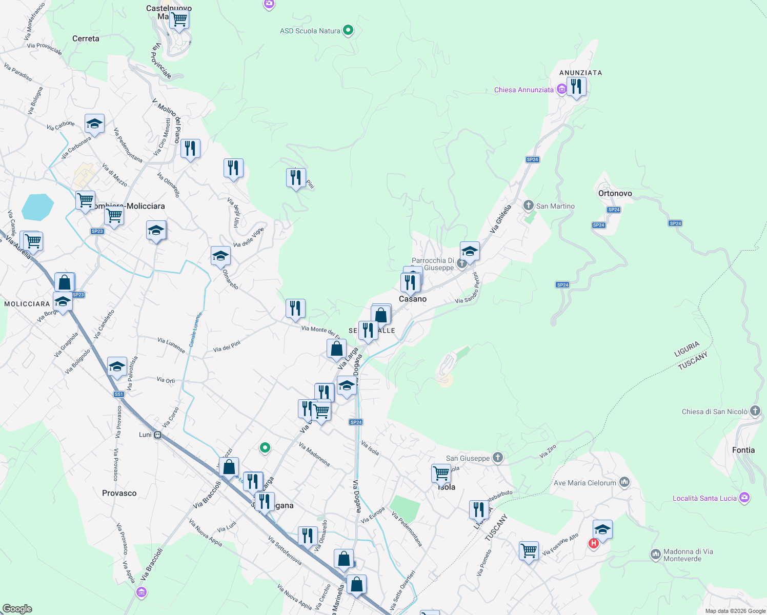 map of restaurants, bars, coffee shops, grocery stores, and more near 41 Via Serravalle in Casano