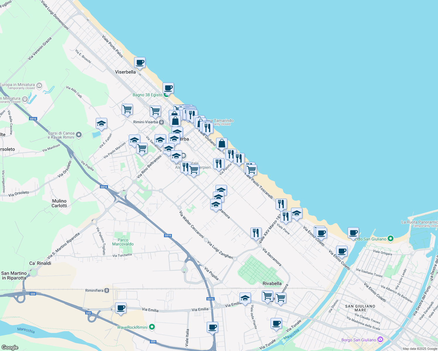 map of restaurants, bars, coffee shops, grocery stores, and more near 36 Viale Palotta in Rimini