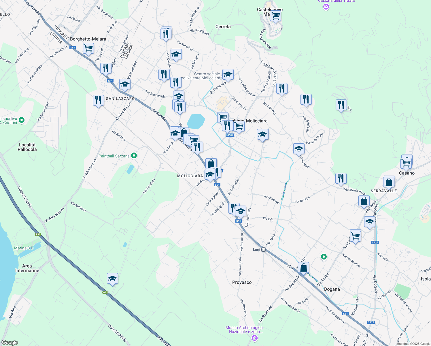 map of restaurants, bars, coffee shops, grocery stores, and more near 22 Via Salicello in Colombiera-molicciara