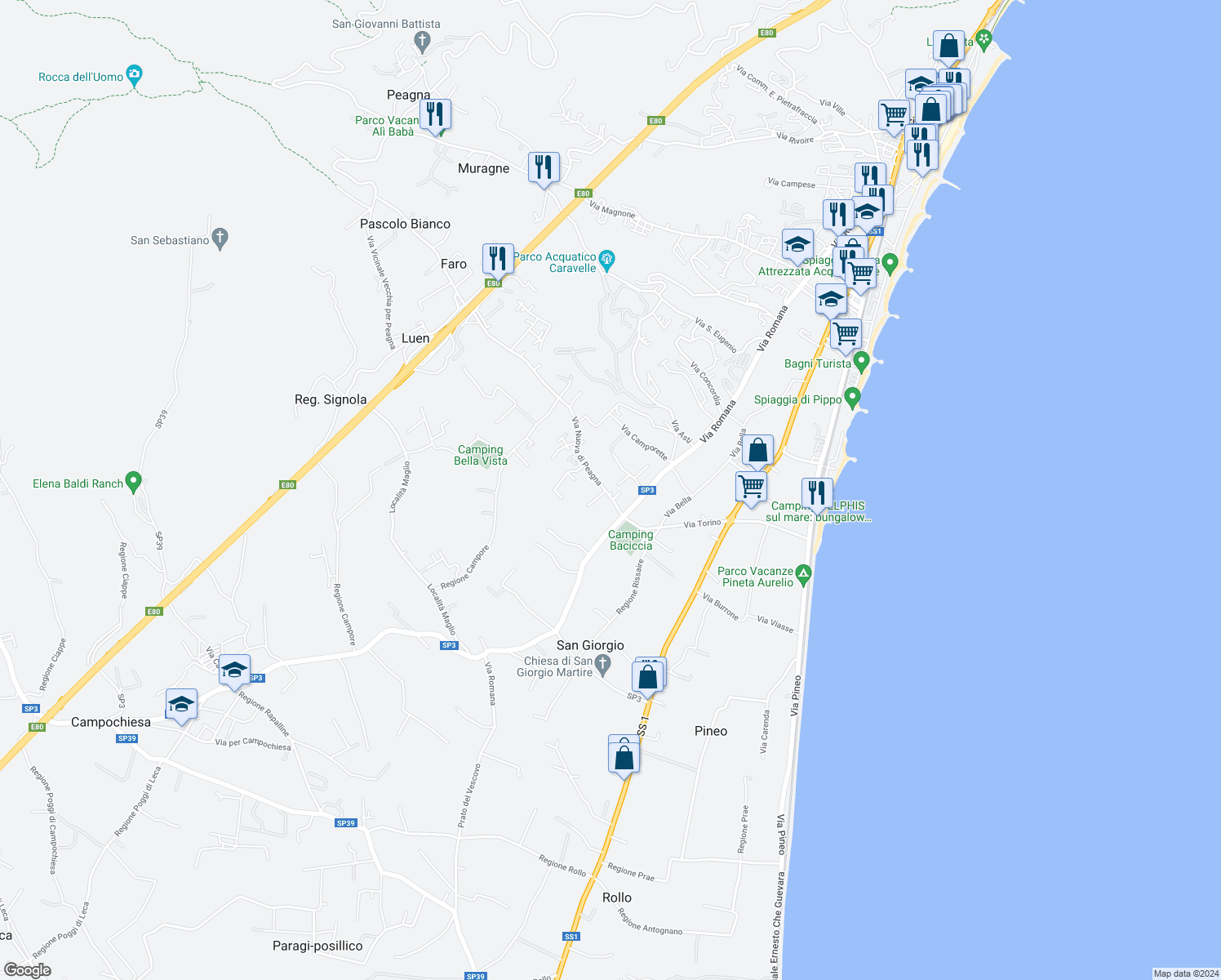 map of restaurants, bars, coffee shops, grocery stores, and more near 11 Via Nuova di Peagna in Ceriale
