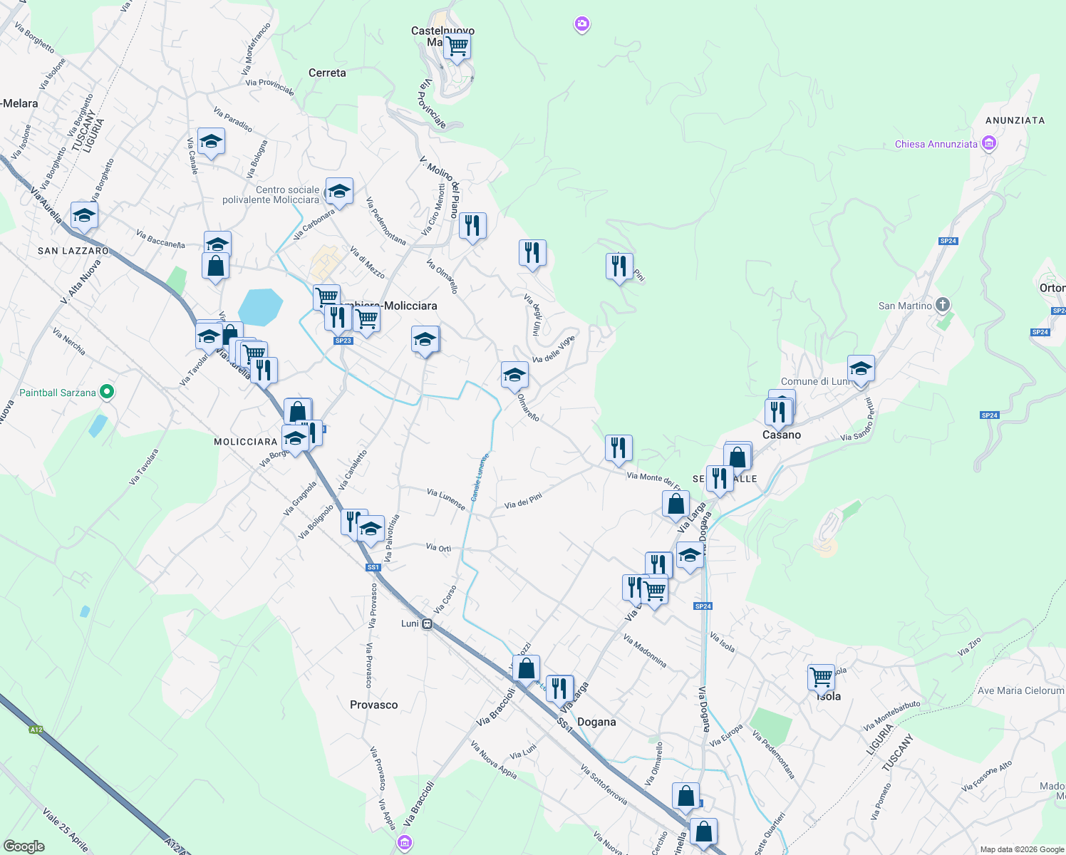 map of restaurants, bars, coffee shops, grocery stores, and more near 43 Via Olmarello in Colombiera-Molicciara