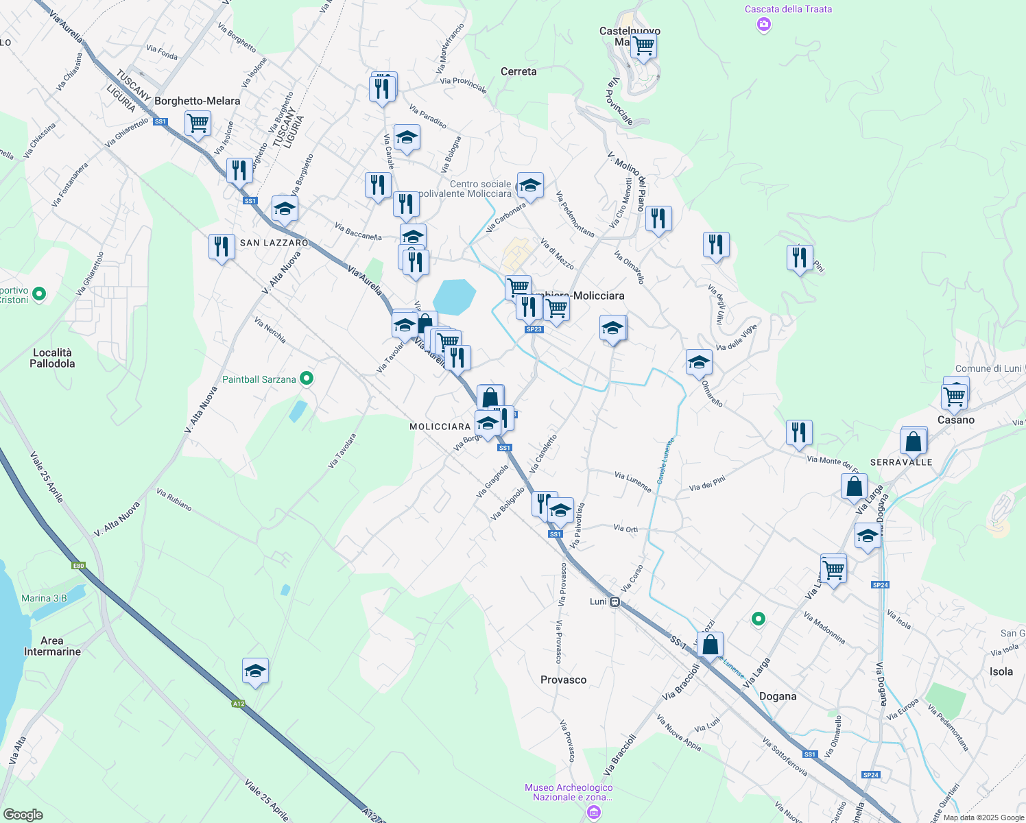 map of restaurants, bars, coffee shops, grocery stores, and more near 22 Via Salicello in Colombiera-molicciara