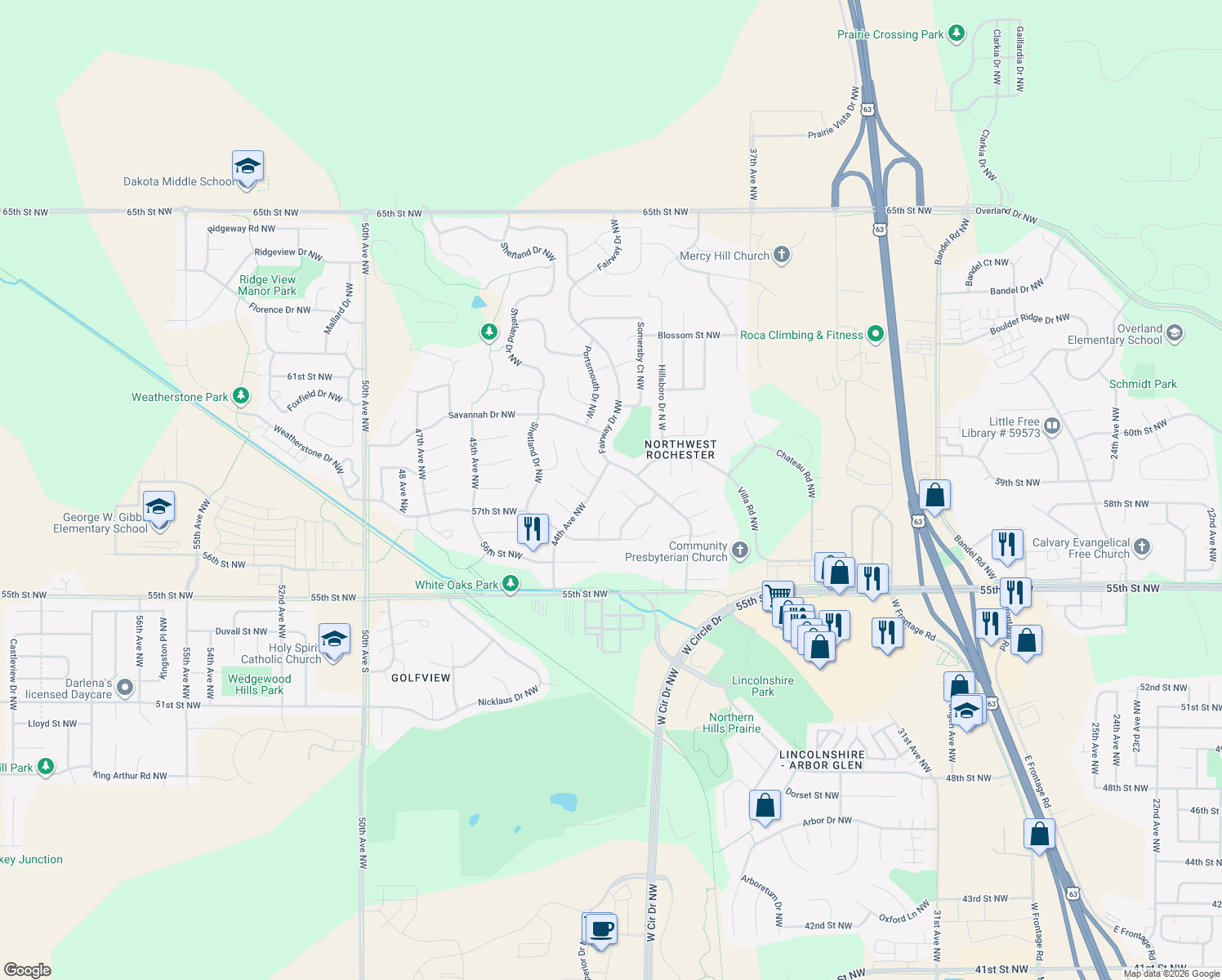 map of restaurants, bars, coffee shops, grocery stores, and more near 4236 Stoneham Lane Northwest in Rochester