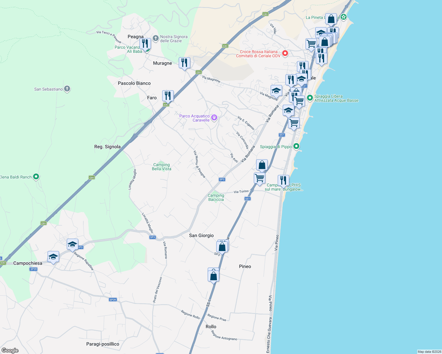 map of restaurants, bars, coffee shops, grocery stores, and more near 62 Via Romana in Ceriale