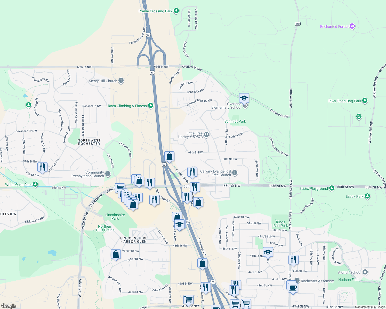 map of restaurants, bars, coffee shops, grocery stores, and more near 2706 59th Street Northwest in Rochester