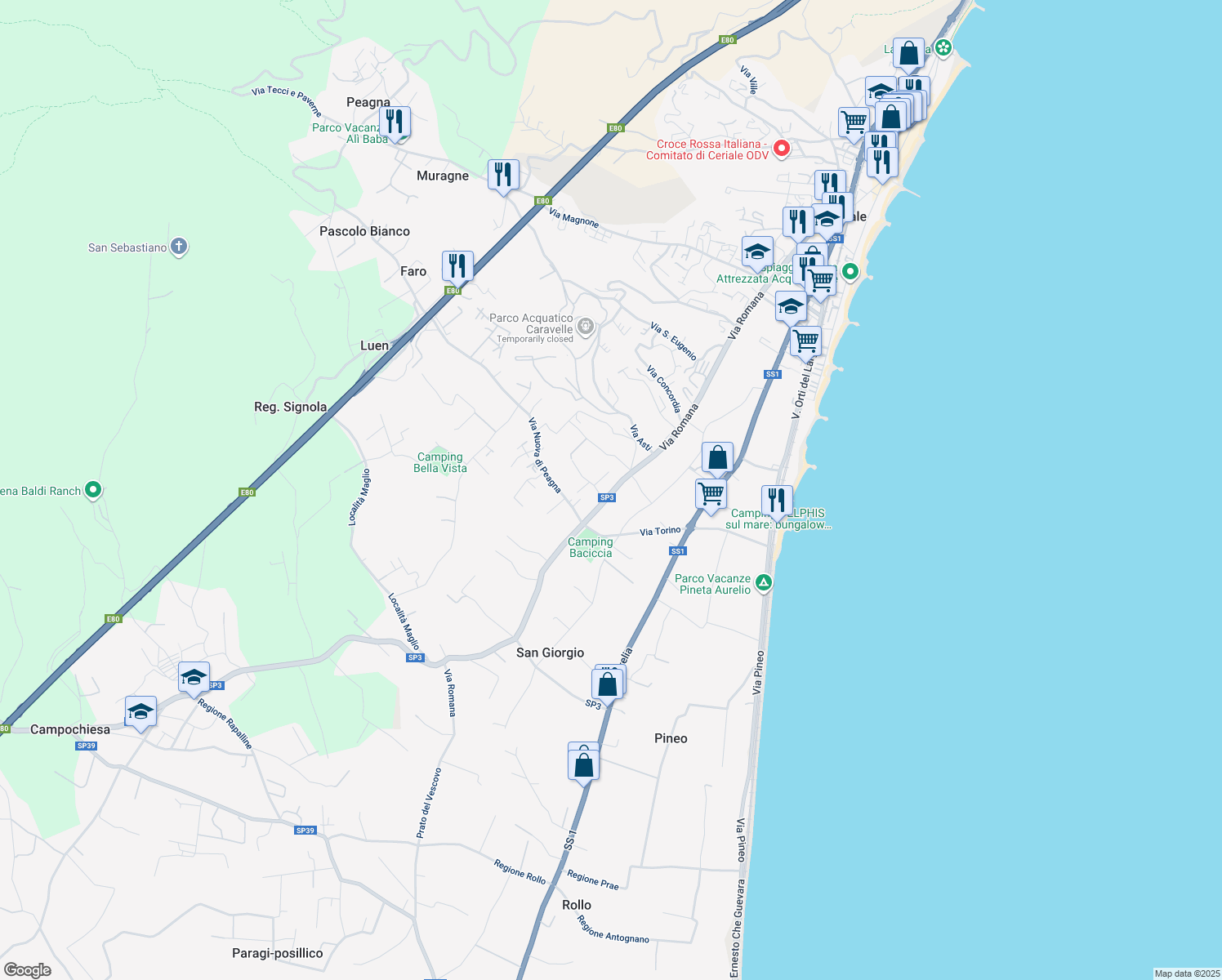 map of restaurants, bars, coffee shops, grocery stores, and more near 62 Via Romana in Ceriale