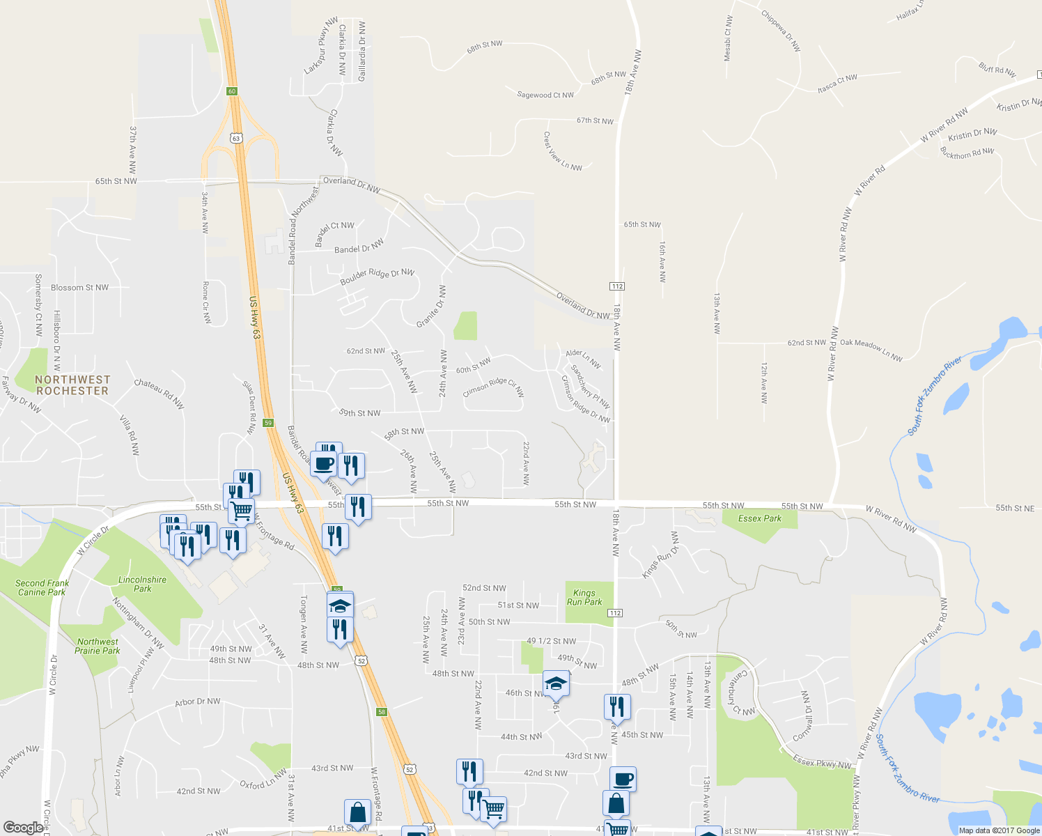 map of restaurants, bars, coffee shops, grocery stores, and more near 2379 Crimson Ridge Circle Northwest in Rochester