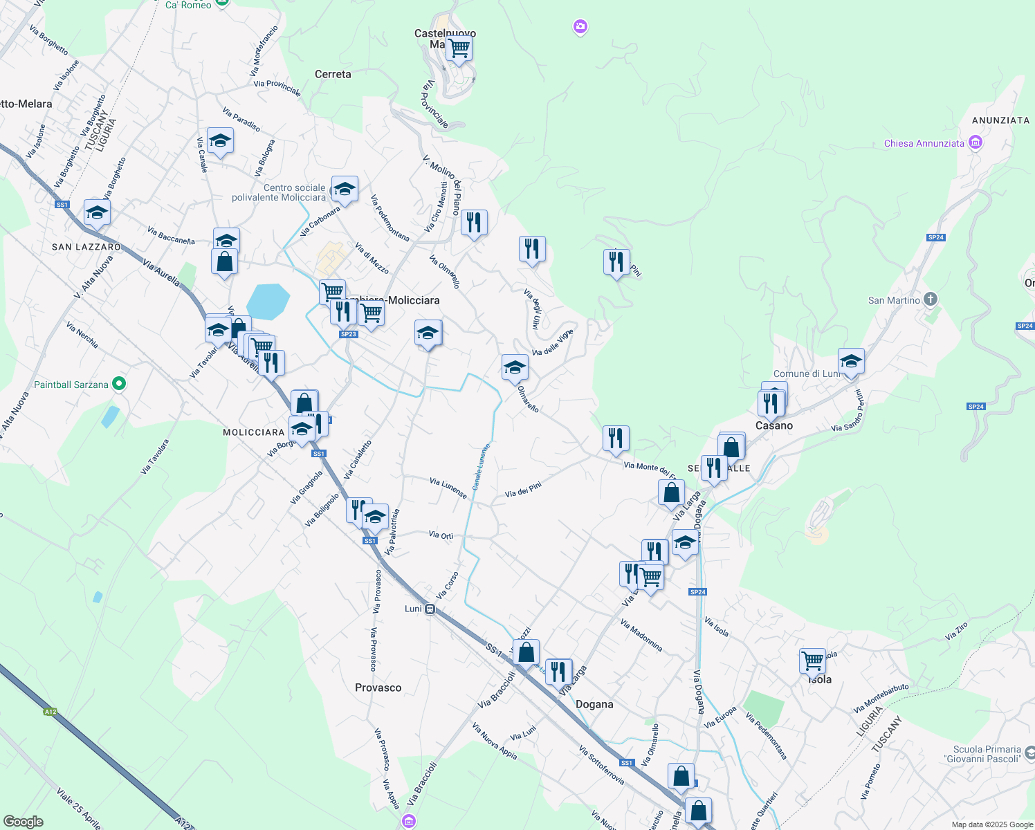 map of restaurants, bars, coffee shops, grocery stores, and more near 40 Via del Maggiore in Colombiera-molicciara