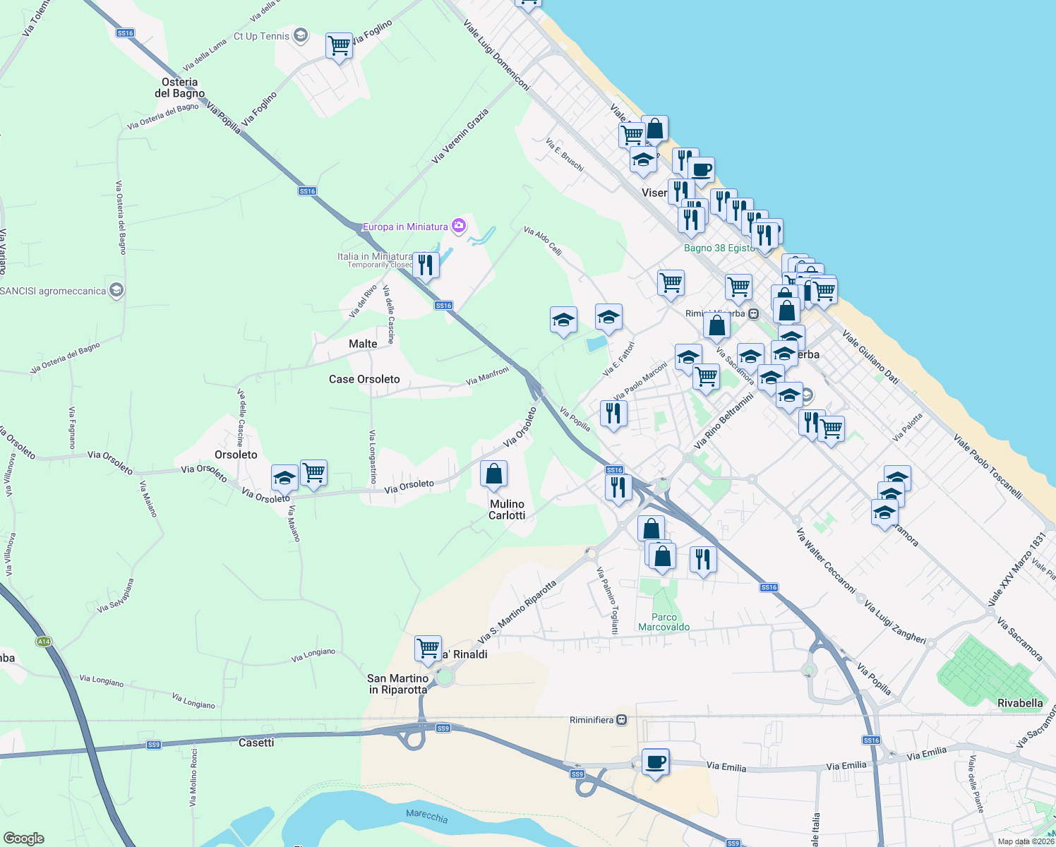 map of restaurants, bars, coffee shops, grocery stores, and more near 8 Via Orsoleto in Rimini