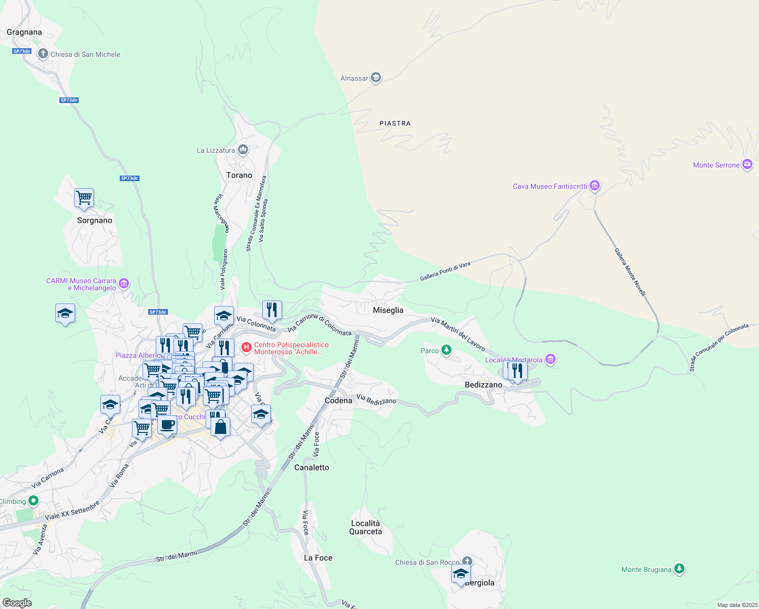 map of restaurants, bars, coffee shops, grocery stores, and more near 11 Largo dei Canapari in Miseglia