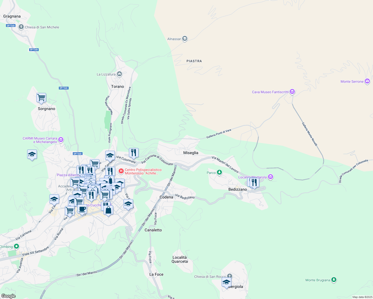 map of restaurants, bars, coffee shops, grocery stores, and more near 11 Largo dei Canapari in Miseglia