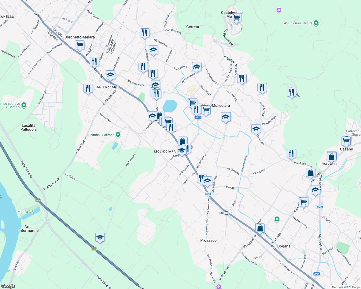 map of restaurants, bars, coffee shops, grocery stores, and more near 207 Strada Statale 1 in Castelnuovo Magra