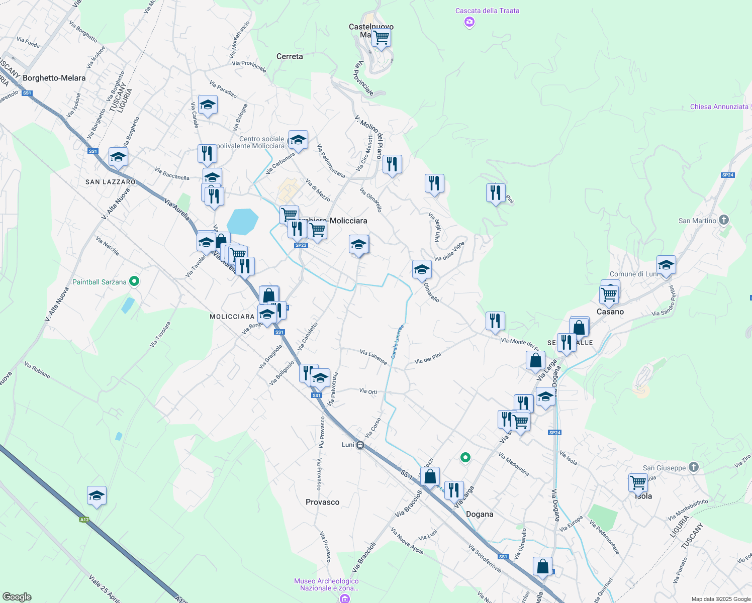 map of restaurants, bars, coffee shops, grocery stores, and more near 96 Via Palvotrisia in Castelnuovo Magra