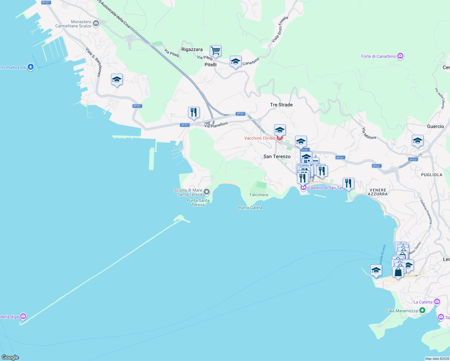 map of restaurants, bars, coffee shops, grocery stores, and more near 11 Via Santa Teresa in Lerici