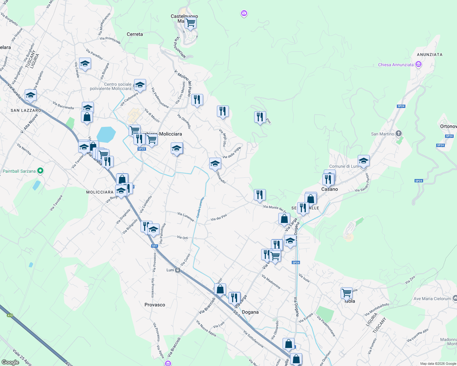 map of restaurants, bars, coffee shops, grocery stores, and more near 43 Via Olmarello in Colombiera-Molicciara