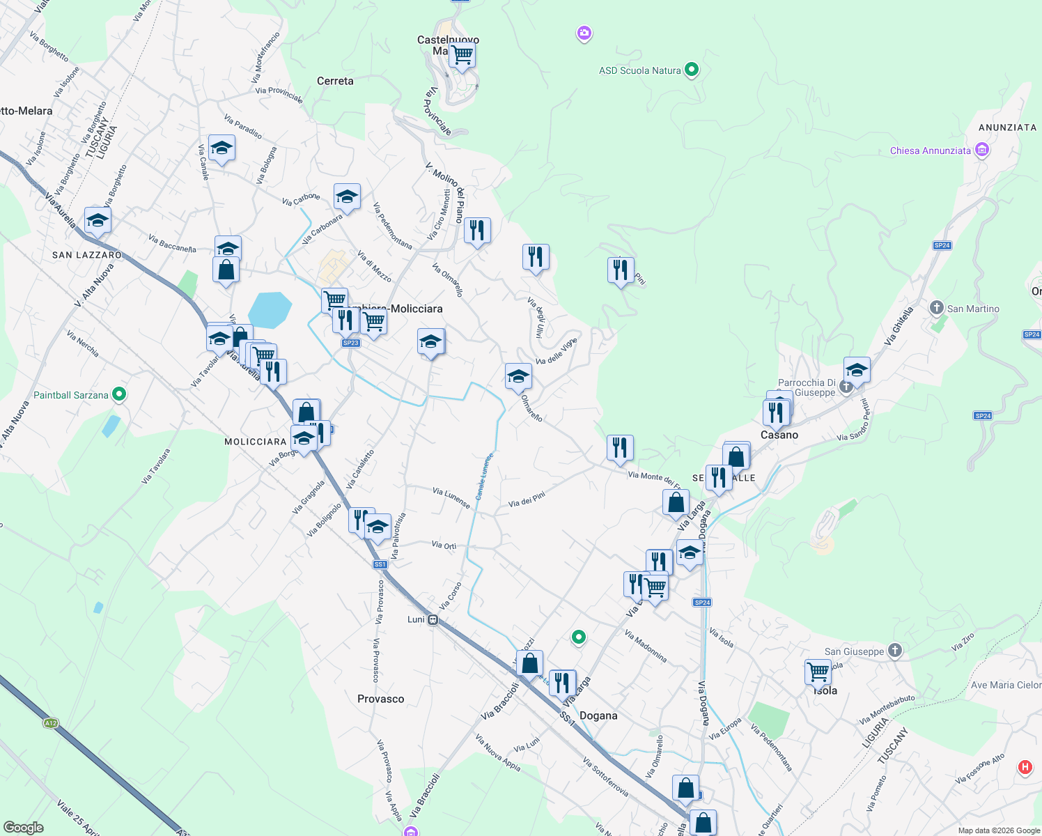 map of restaurants, bars, coffee shops, grocery stores, and more near 40 Via del Maggiore in Colombiera-molicciara