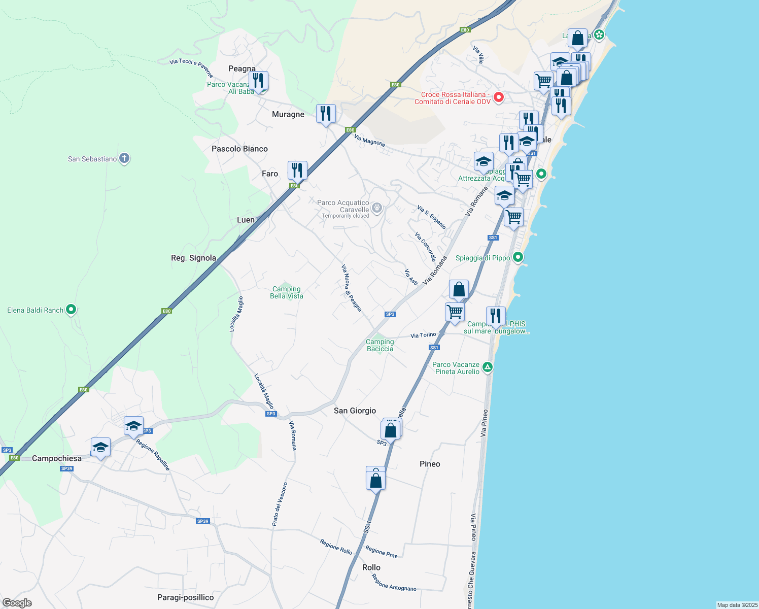 map of restaurants, bars, coffee shops, grocery stores, and more near 11 Via Nuova di Peagna in Ceriale