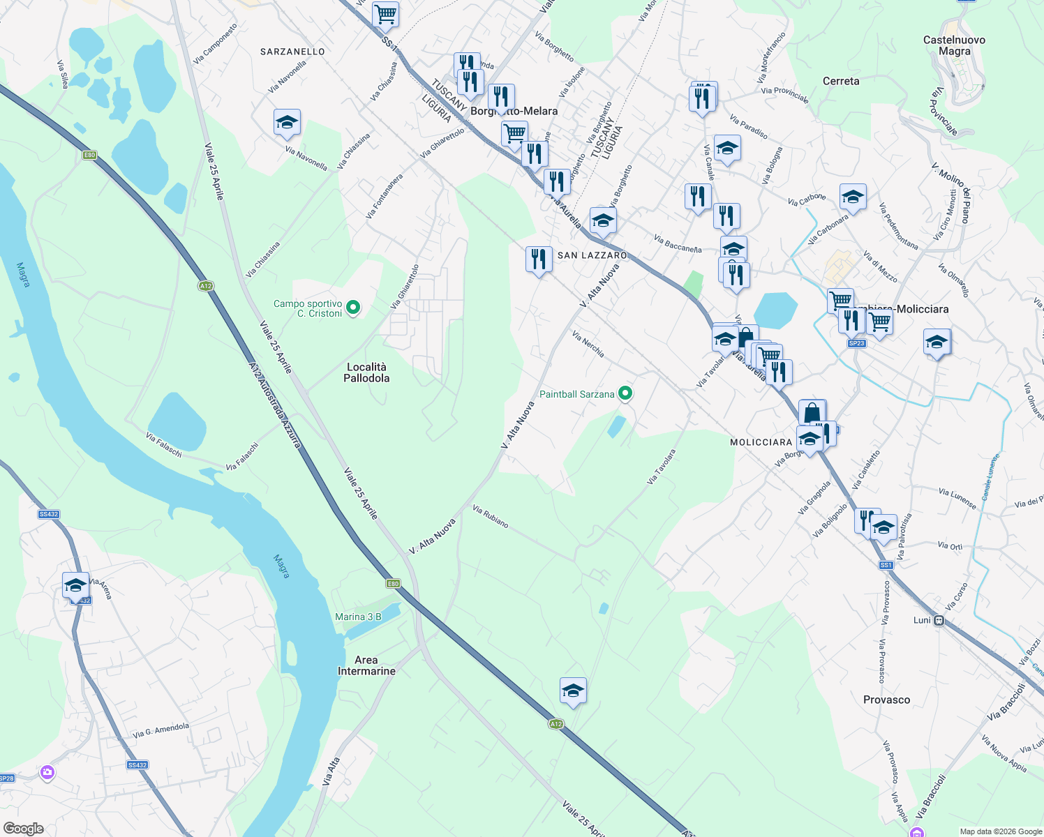 map of restaurants, bars, coffee shops, grocery stores, and more near 62 Via Alta Nuova in Sarzana