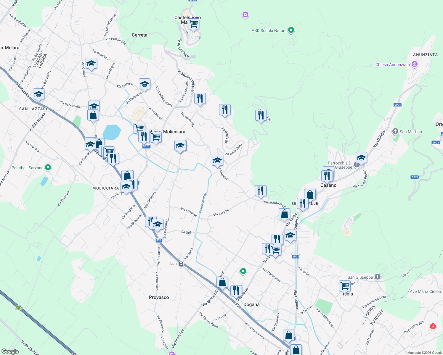 map of restaurants, bars, coffee shops, grocery stores, and more near 40 Via del Maggiore in Colombiera-molicciara