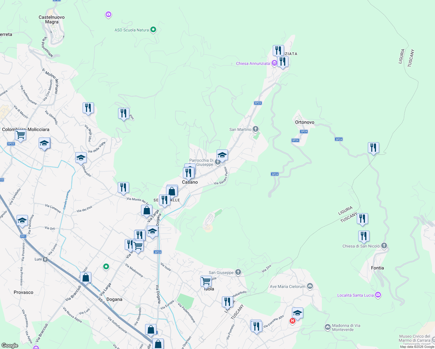 map of restaurants, bars, coffee shops, grocery stores, and more near 46 SP24 in Casano