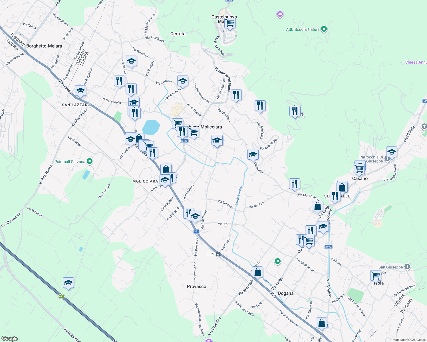 map of restaurants, bars, coffee shops, grocery stores, and more near 52A Via Palvotrisia in Colombiera-molicciara