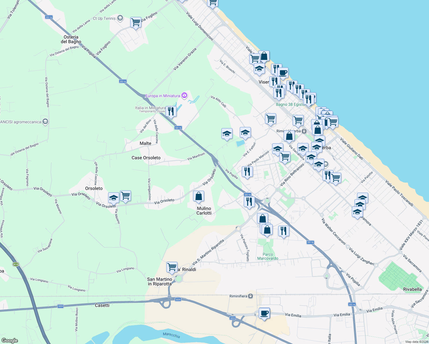 map of restaurants, bars, coffee shops, grocery stores, and more near 8 Via Orsoleto in Rimini
