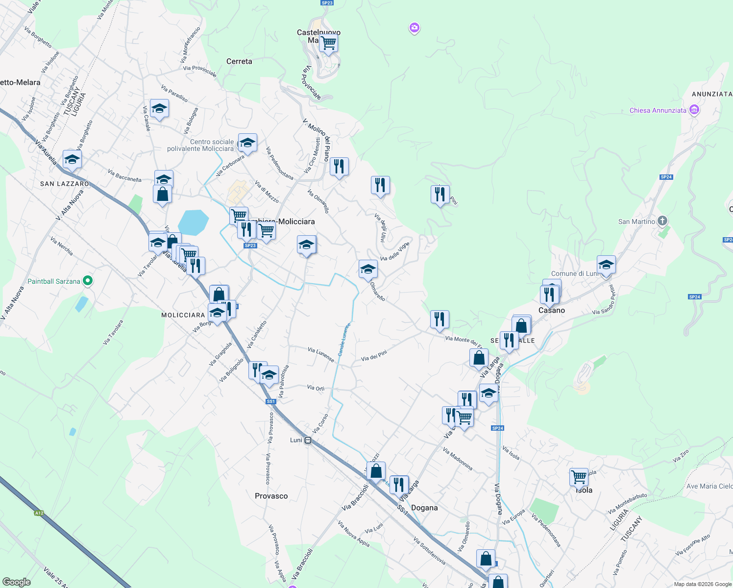 map of restaurants, bars, coffee shops, grocery stores, and more near 40 Via del Maggiore in Colombiera-molicciara