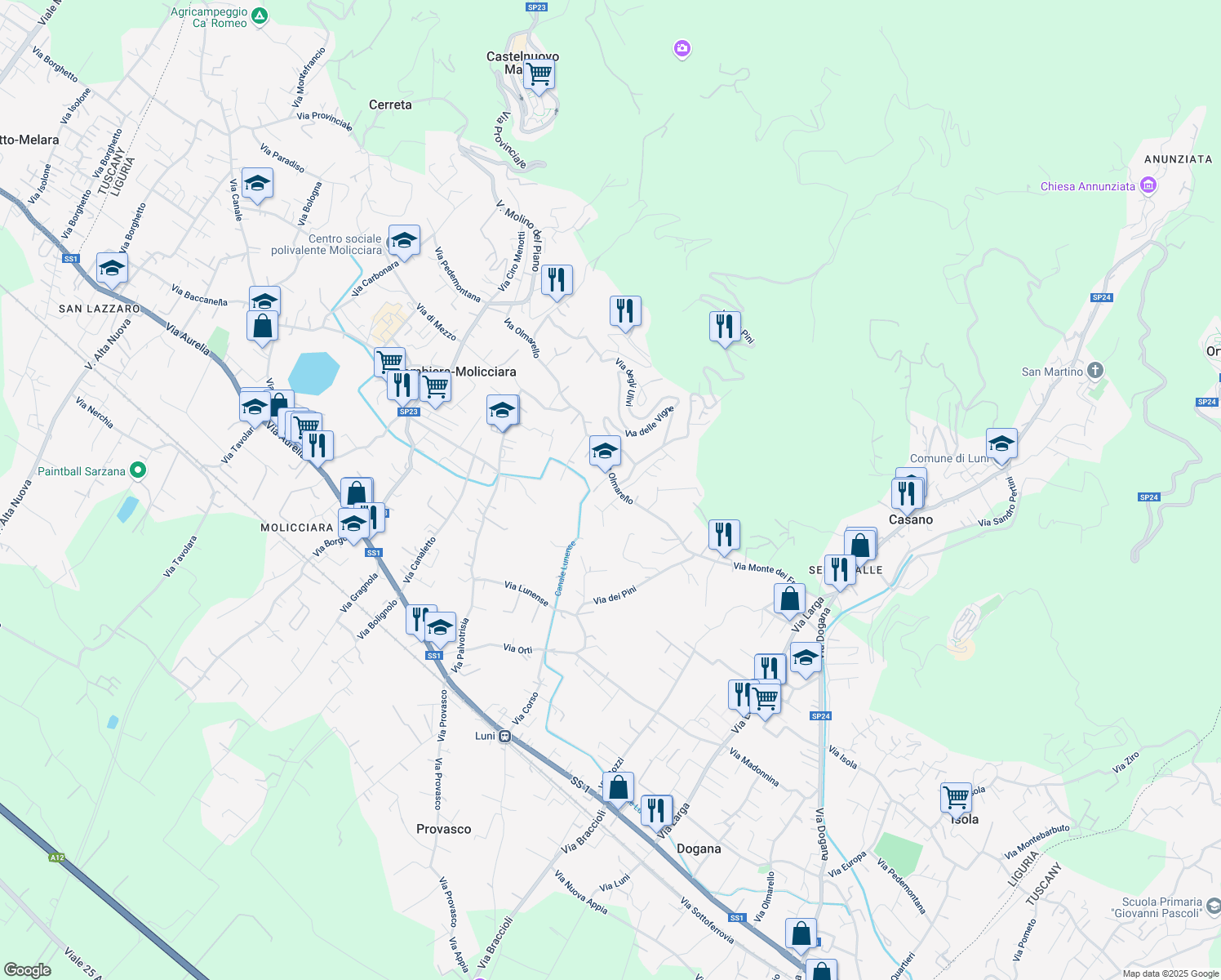 map of restaurants, bars, coffee shops, grocery stores, and more near 40 Via del Maggiore in Colombiera-molicciara