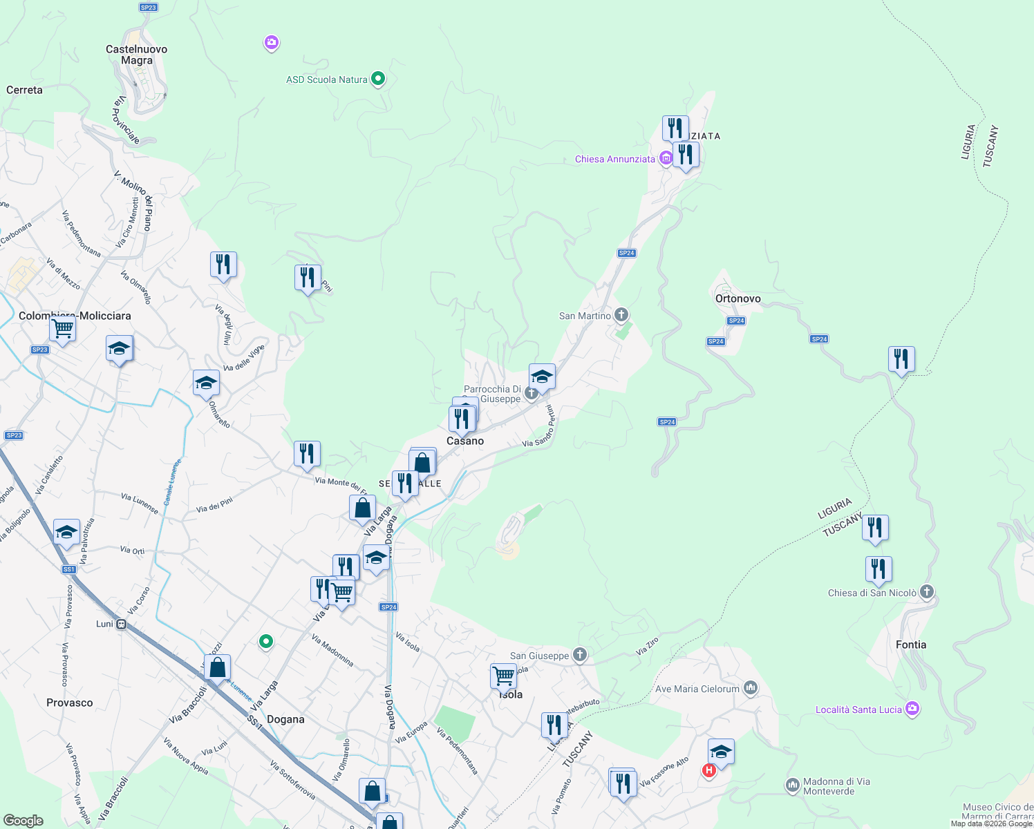map of restaurants, bars, coffee shops, grocery stores, and more near 46 Strada Provinciale 24 in Casano