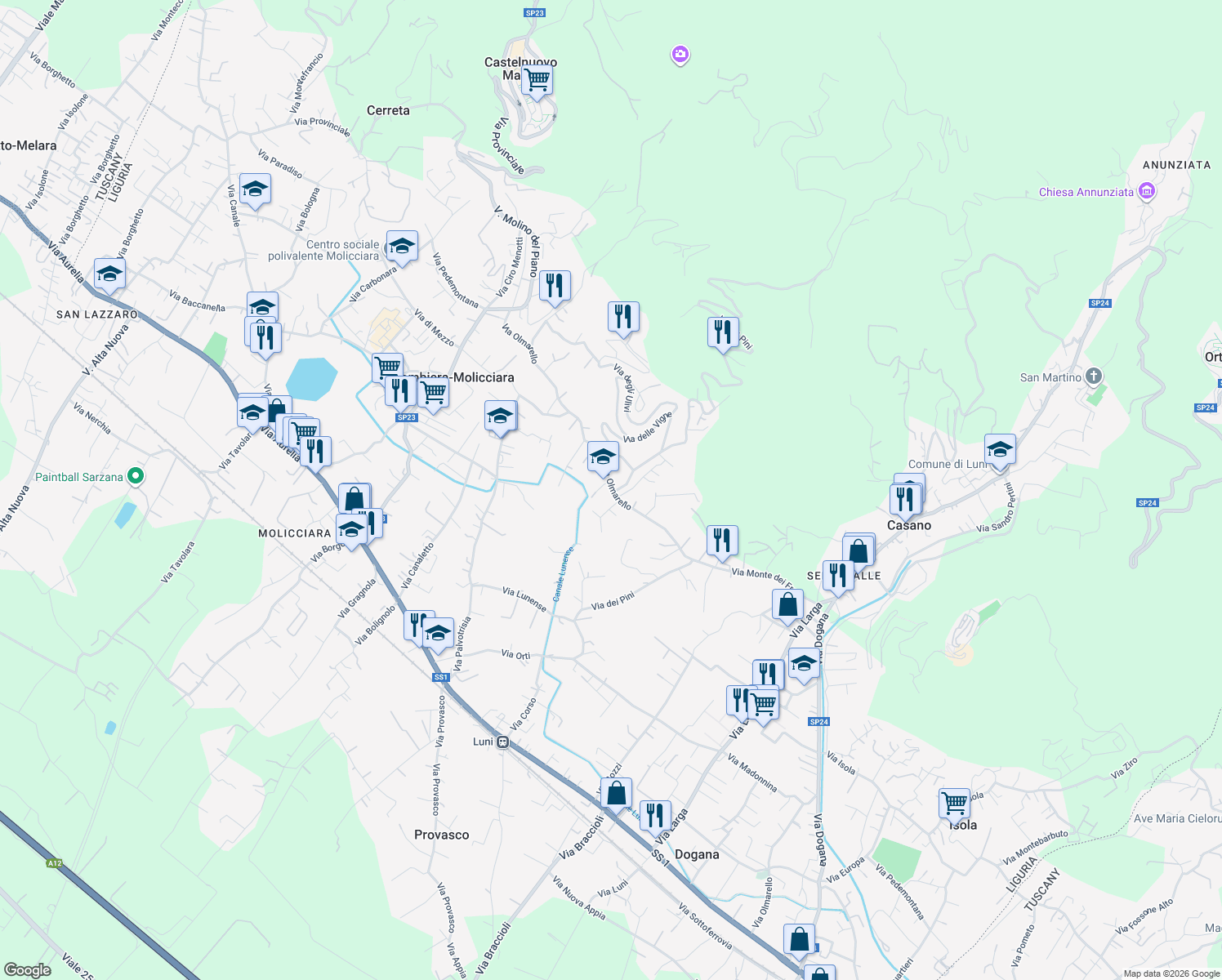map of restaurants, bars, coffee shops, grocery stores, and more near 40 Via Olmarello in Colombiera-molicciara