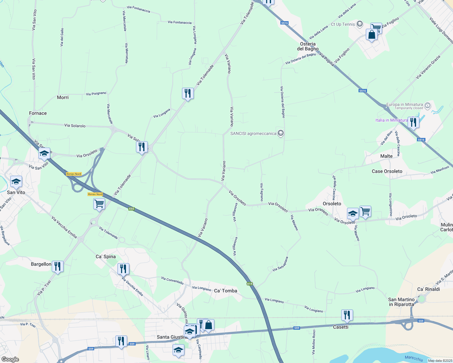 map of restaurants, bars, coffee shops, grocery stores, and more near 241 Via Orsoleto in Provincia di Rimini