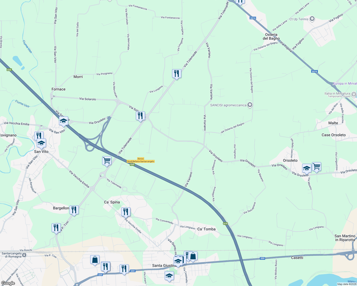 map of restaurants, bars, coffee shops, grocery stores, and more near 198 Via Orsoleto in Rimini