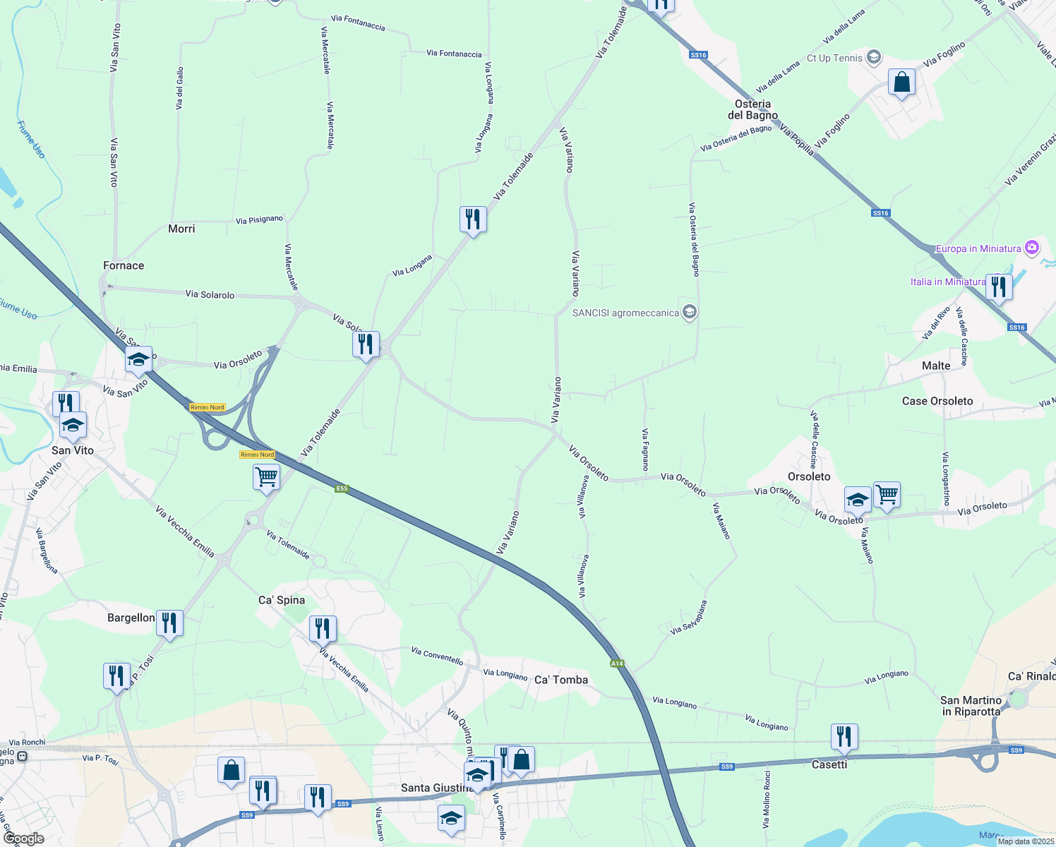 map of restaurants, bars, coffee shops, grocery stores, and more near 188 Via Orsoleto in Provincia di Rimini