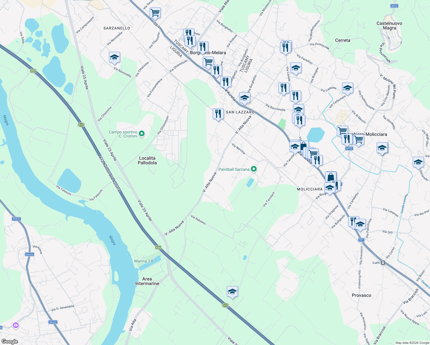 map of restaurants, bars, coffee shops, grocery stores, and more near 62 Via Alta Nuova in Sarzana