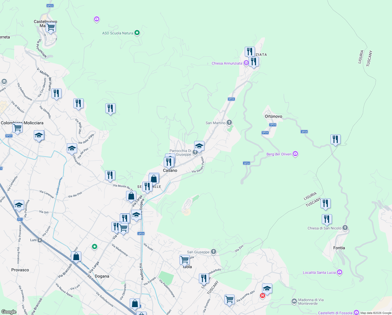 map of restaurants, bars, coffee shops, grocery stores, and more near in Province of La Spezia